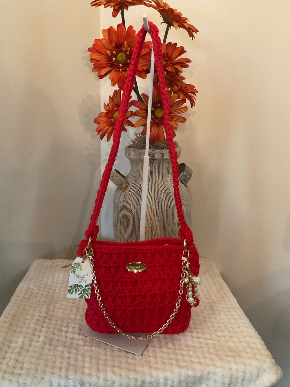 Hand Crocheted Red Crochet Chain-Handle Shoulder Bag